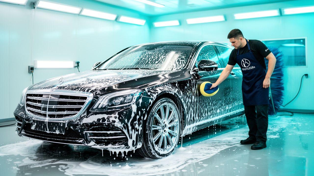 Detailer hand-washing a glossy luxury saloon inside the Iceforma studio